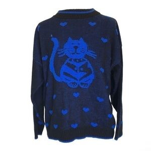 Vintage Cat Sweater with Hearts Black and Blue
